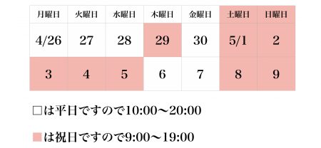 ゴールデンウィークの営業時間